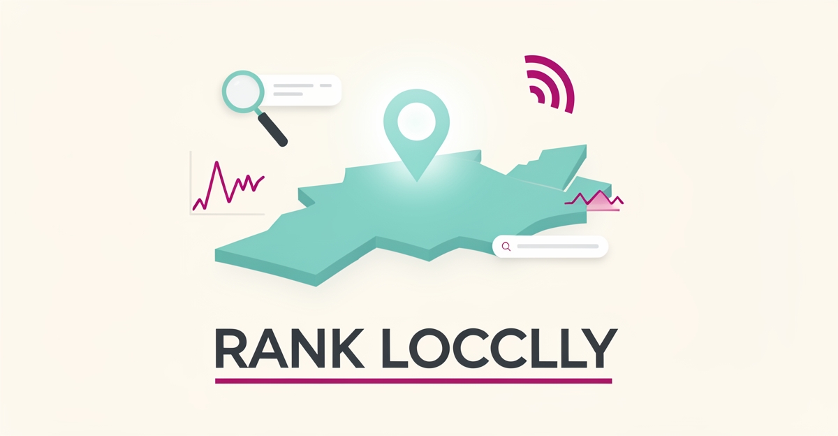 Flat illustration of a Halifax map with a glowing location pin and abstract search elements in teal and magenta, symbolizing AI-driven local SEO for clinics.
