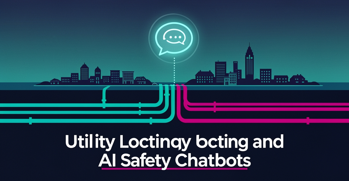 Flat illustration of a glowing AI chat bubble scanning buried utility lines beneath a city skyline, symbolizing instant line safety answers.