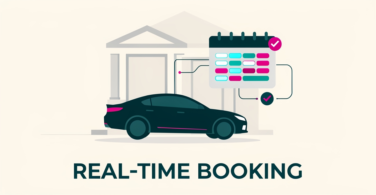 Flat illustration of a car approaching a venue with a real-time availability calendar interface, symbolizing automated valet booking for Halifax event services.