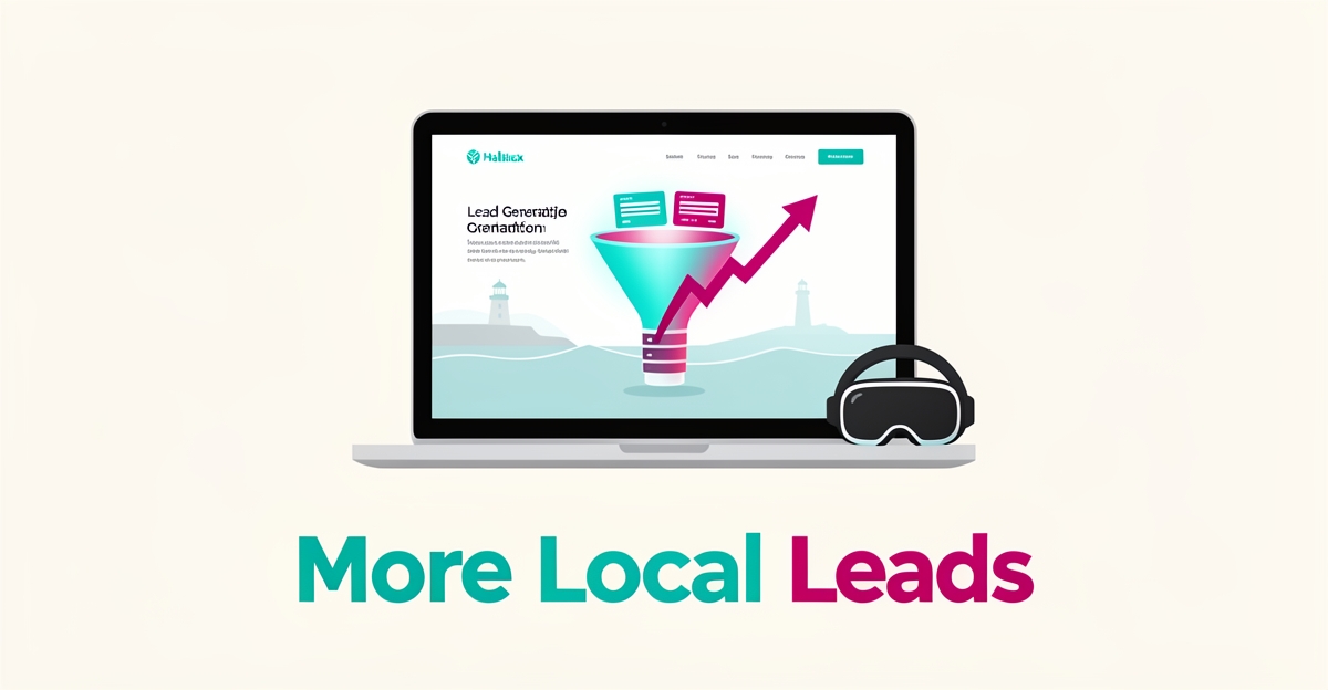 Flat illustration of a laptop with a lead-generation funnel and Halifax lighthouse motif, headline reading More Local Leads.