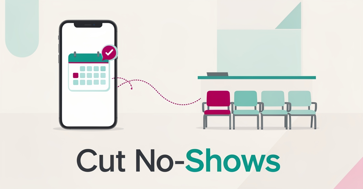 Flat illustration of a smartphone calendar reminder linked to a clinic waiting room, with headline Cut No-Shows, in teal and magenta accents.