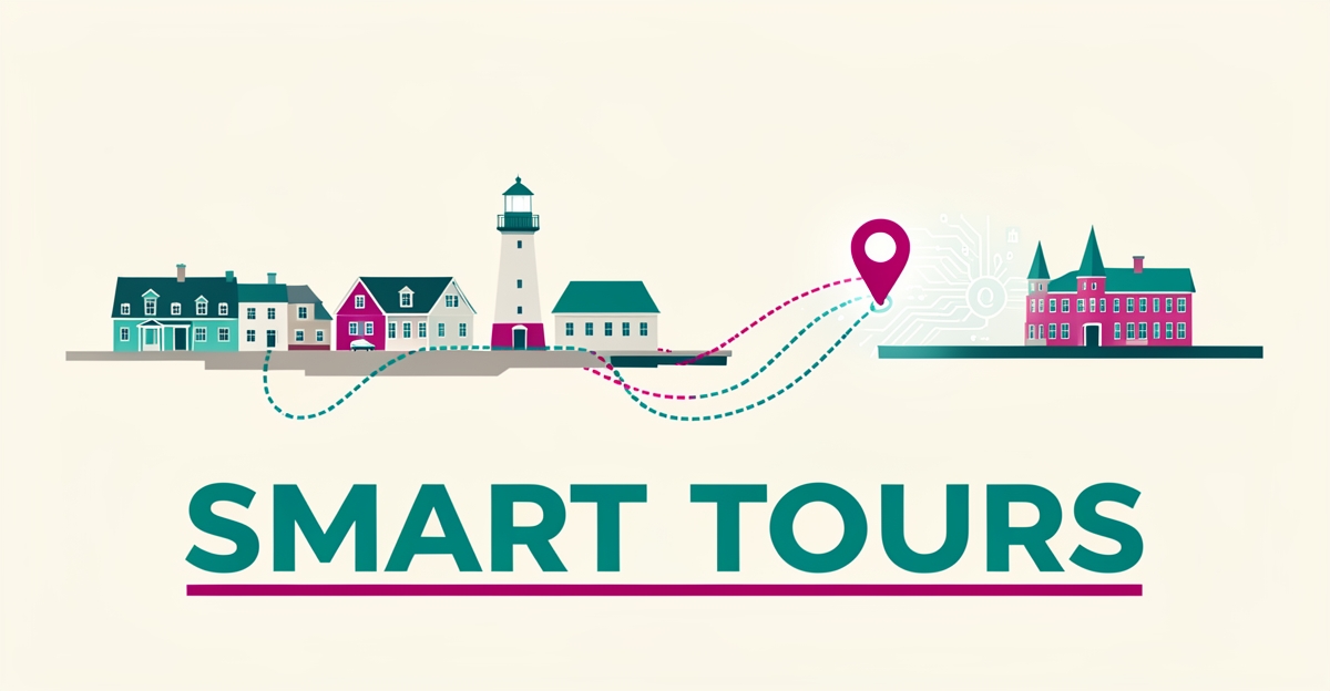 Flat illustration of Halifax's waterfront with an AI-themed walking route connecting landmarks, accented in teal and magenta.