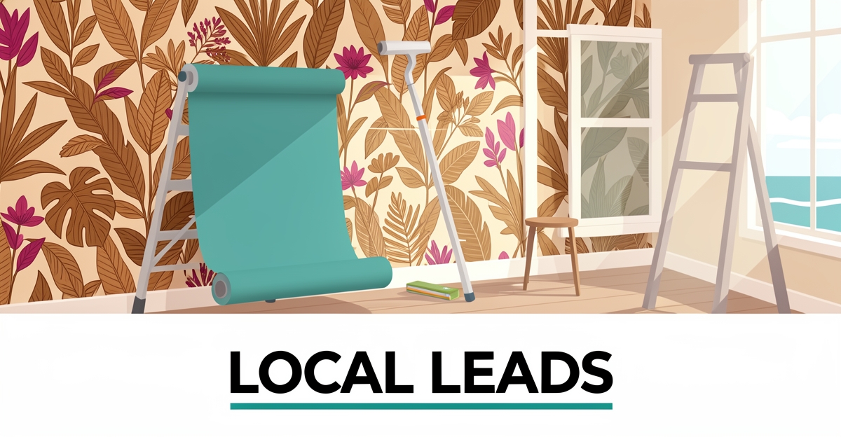 Flat illustration of botanical wallpaper being installed in a bright coastal home with teal and magenta accents, headlined Local Leads.