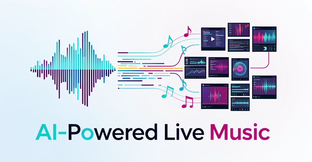A modern flat illustration showing soundwaves turning into AI-generated video clips, symbolizing how Halifax wedding bands use AI to create viral content from live performances.