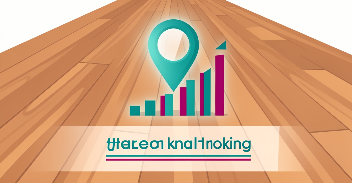 Flat illustration of hardwood flooring with a map pin and rising ranking chart in teal and magenta, symbolizing local SEO success.