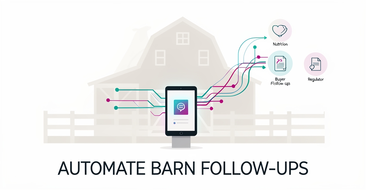 Flat illustration of a hog barn with digital kiosk and automated follow-up data lines using teal and magenta accents.