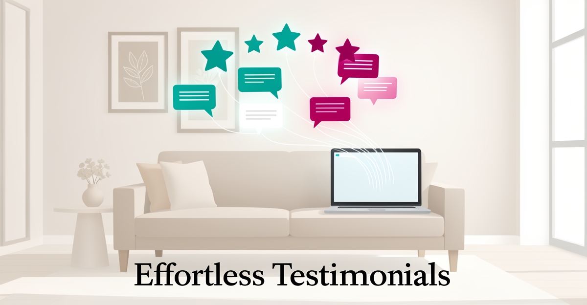 Flat illustration of a staged living room with five-star reviews and speech bubbles flowing into a laptop, symbolizing AI-automated testimonial collection.