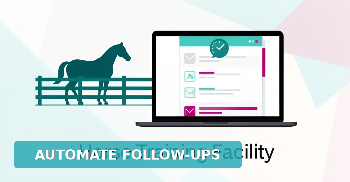 Flat illustration of a horse training arena and laptop showing instant automated booking emails with teal and magenta accents.