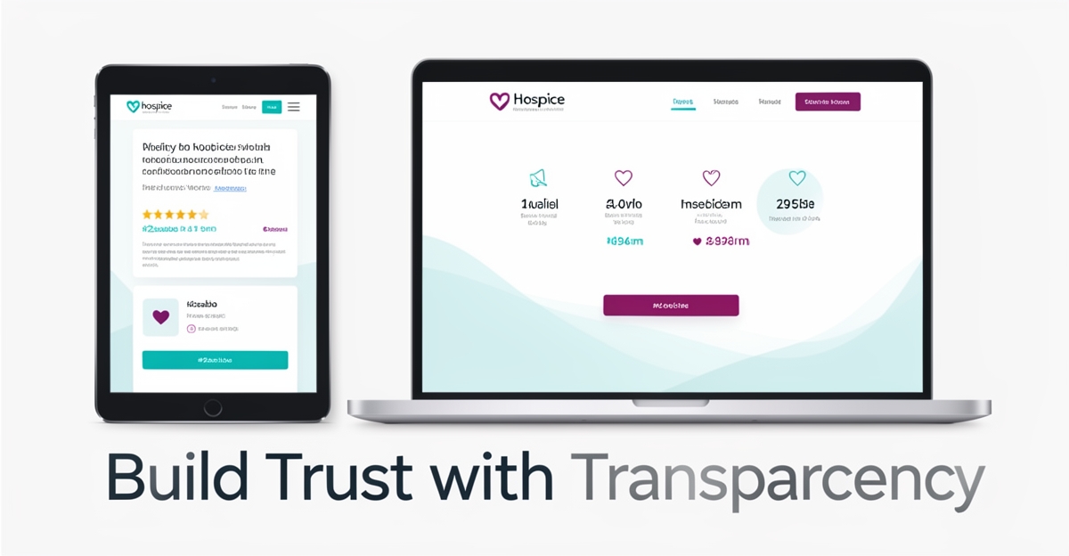 A minimalist flat illustration of hospice website interfaces displaying empathy and quality data, with brand-colored accents and the headline 'Build Trust with Transparency' in the lower third.