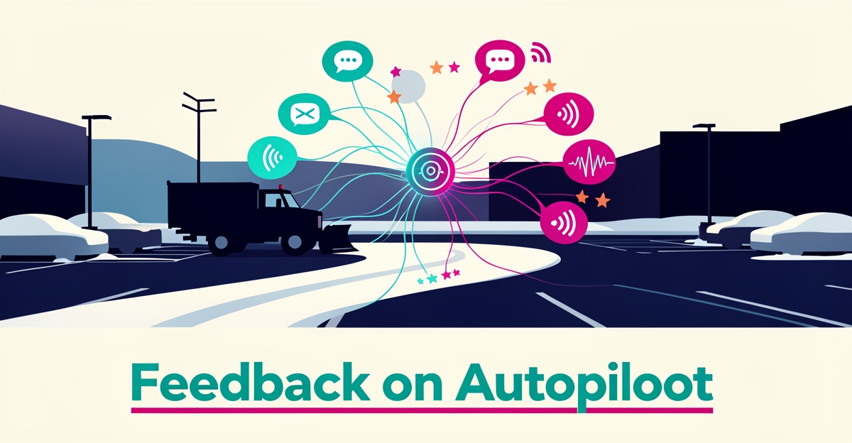 Flat illustration of a snow plow clearing a lot while AI-driven feedback icons flow into a central hub, headline reading Feedback on Autopilot.