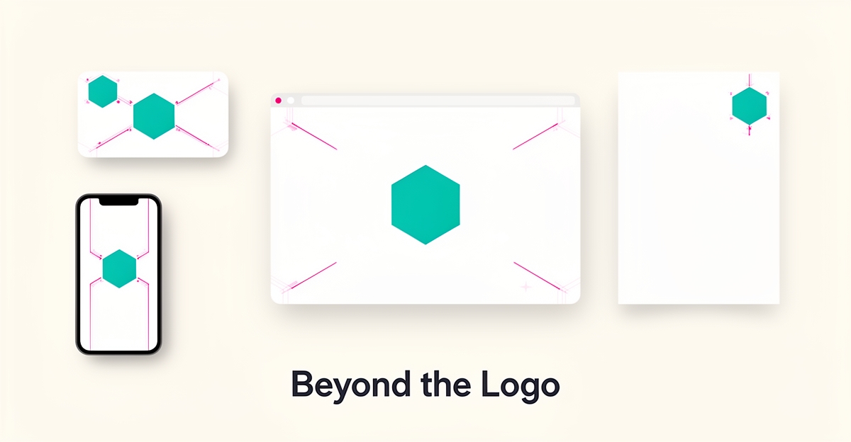 Flat illustration of a central logo mark extending into a consistent visual identity across business cards, web, and mobile, accented in teal and magenta.