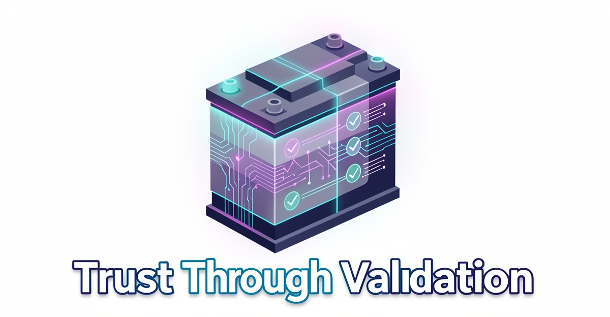 A minimalist flat illustration of an industrial battery with safety data overlays and validation symbols, accompanied by the headline 'Trust Through Validation' in the lower third.