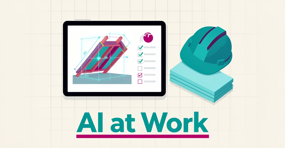 Flat illustration of a tablet showing AI-generated insulation estimates and a safety checklist beside insulation materials in teal and magenta accents.