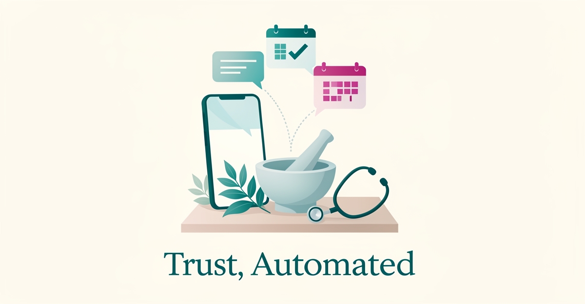 Flat illustration of a smartphone with chat bubbles beside herbal medicine items, symbolizing AI-powered patient follow-ups in integrative medicine.