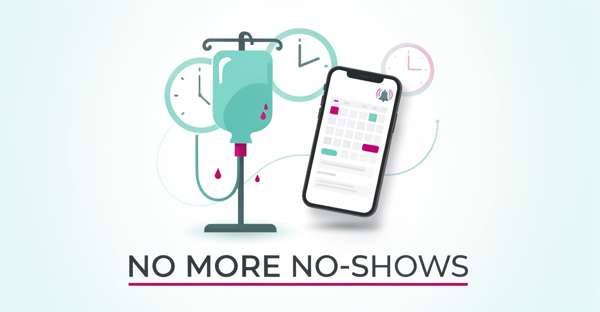 Flat illustration of an IV drip bag and smartphone with calendar reminders in teal and magenta, symbolizing AI-powered scheduling to reduce clinic no-shows.