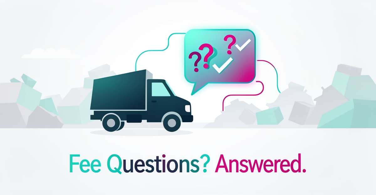 Flat illustration of a junk removal truck beside an AI chat interface answering disposal fee questions, accented in teal and magenta.