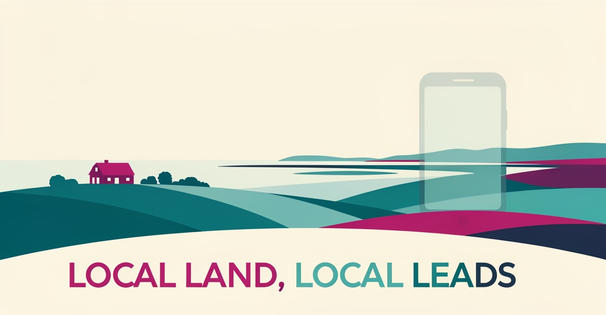 Flat illustration of Nova Scotia farmland with a smartphone motif, symbolizing localized content helping land lease companies attract farmers.