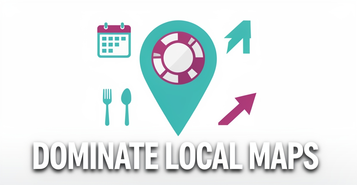 A minimalist flat illustration of a Google Maps pin with casino chip texture, event and dining icons, and brand-colored accents, featuring the headline 'Dominate Local Maps' in the lower third.