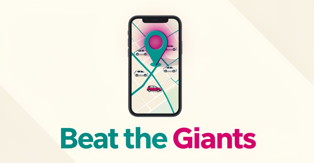 Flat illustration of a smartphone map with a glowing location pin outranking car icons, symbolizing local taxi services winning Google search.