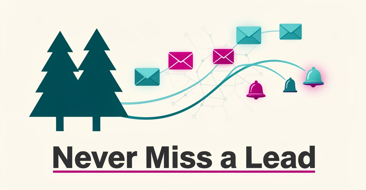 Flat illustration of a pine forest connected to automated email icons via AI nodes, with headline 'Never Miss a Lead'.