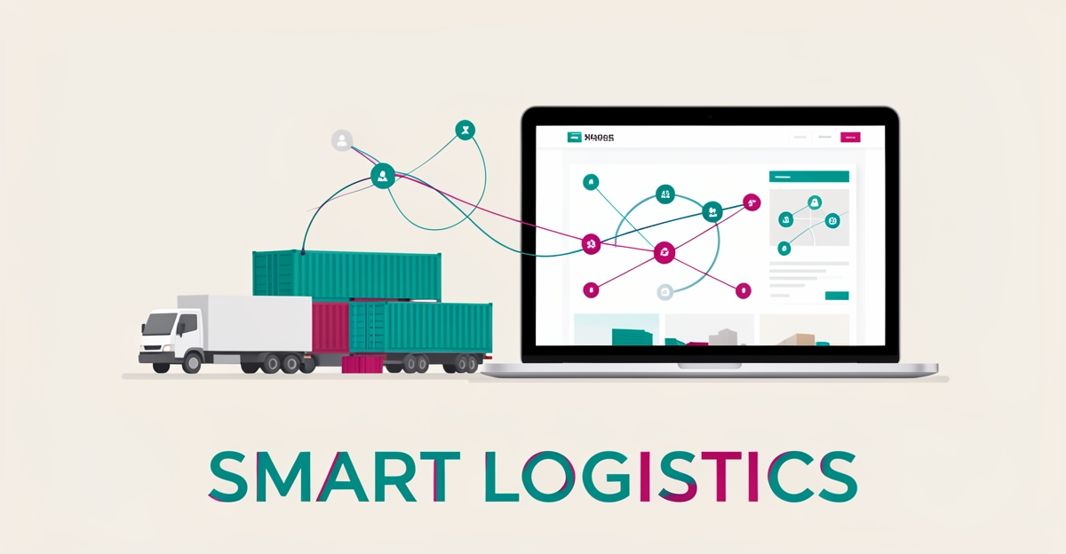 Flat illustration of logistics trucks and containers connected to a laptop website interface, symbolizing smart website integration for logistics businesses.