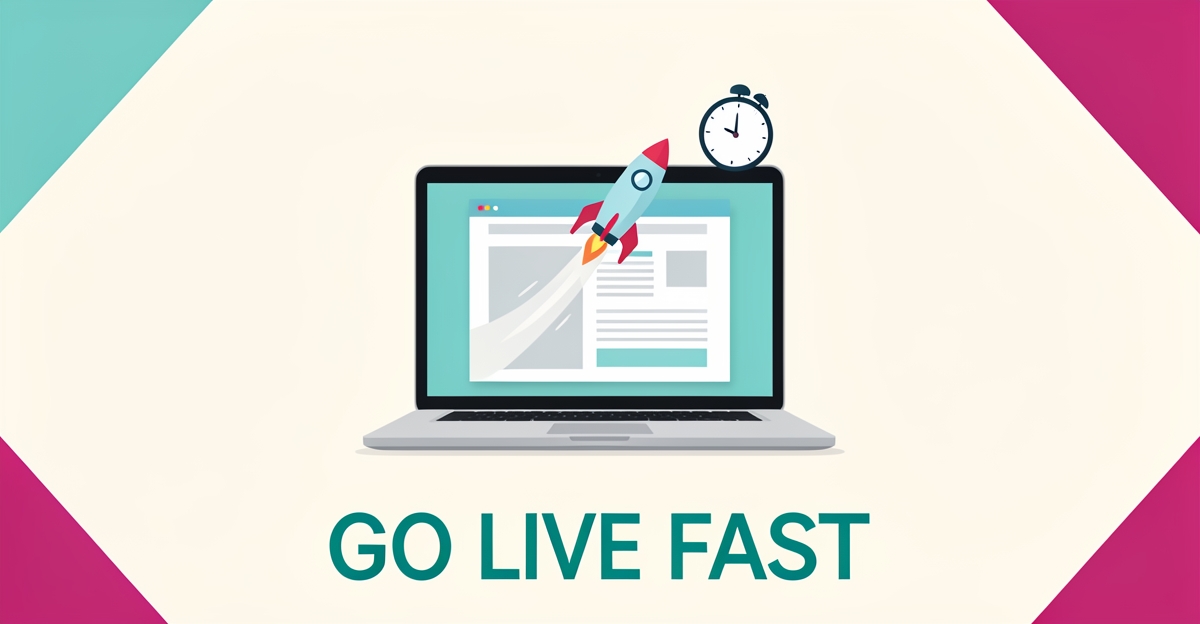 Flat illustration of a laptop launching a website like a rocket with a clock, accented in teal and magenta, with the headline Go Live Fast.