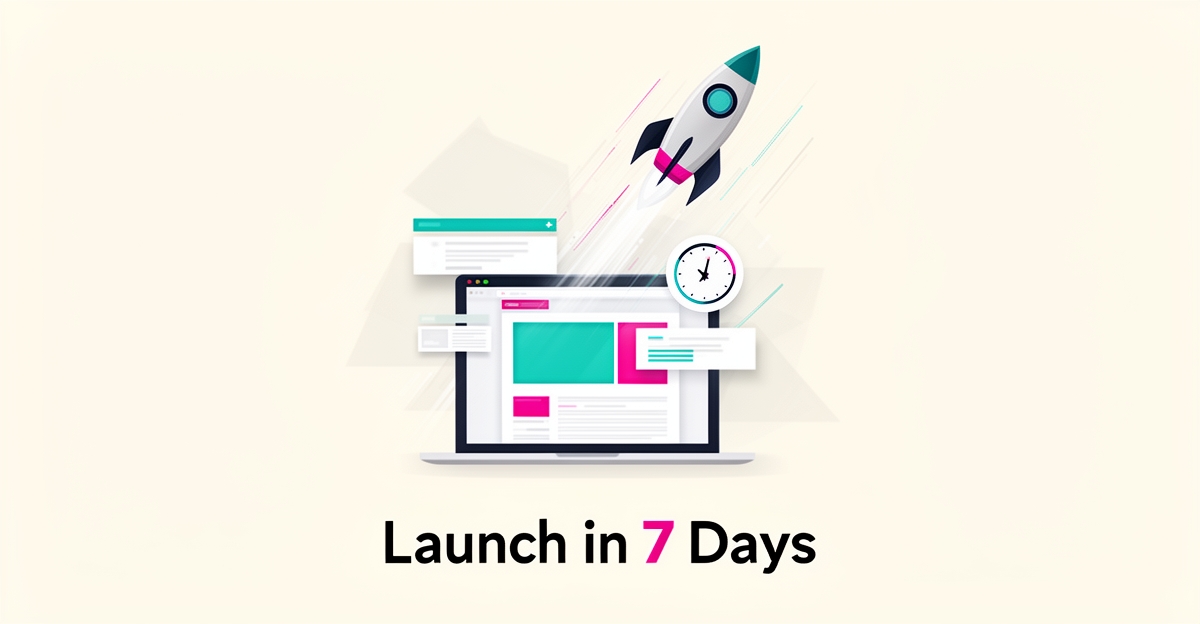 Flat illustration of a website launching from a laptop with a rocket and clock, symbolizing a fast 7-day website publishing timeline.