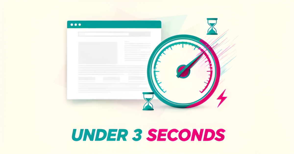 Flat illustration of a speedometer next to a fast-loading webpage, symbolizing a sub-3-second page load time.