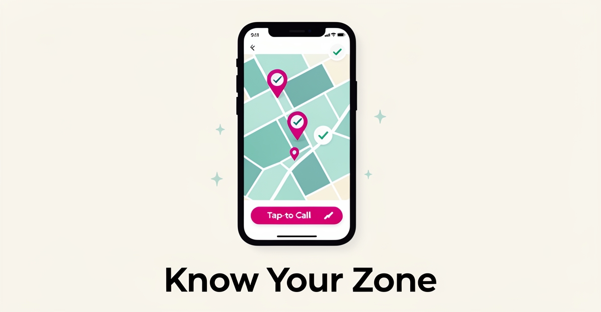 Flat illustration of a smartphone showing a maid service map with highlighted coverage zones and location pins in teal and magenta.