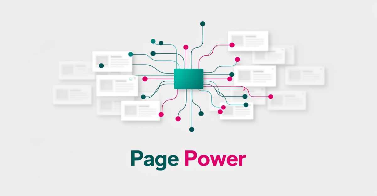Flat illustration of a website sitemap expanding into many interconnected pages in teal and magenta, with the headline Page Power.