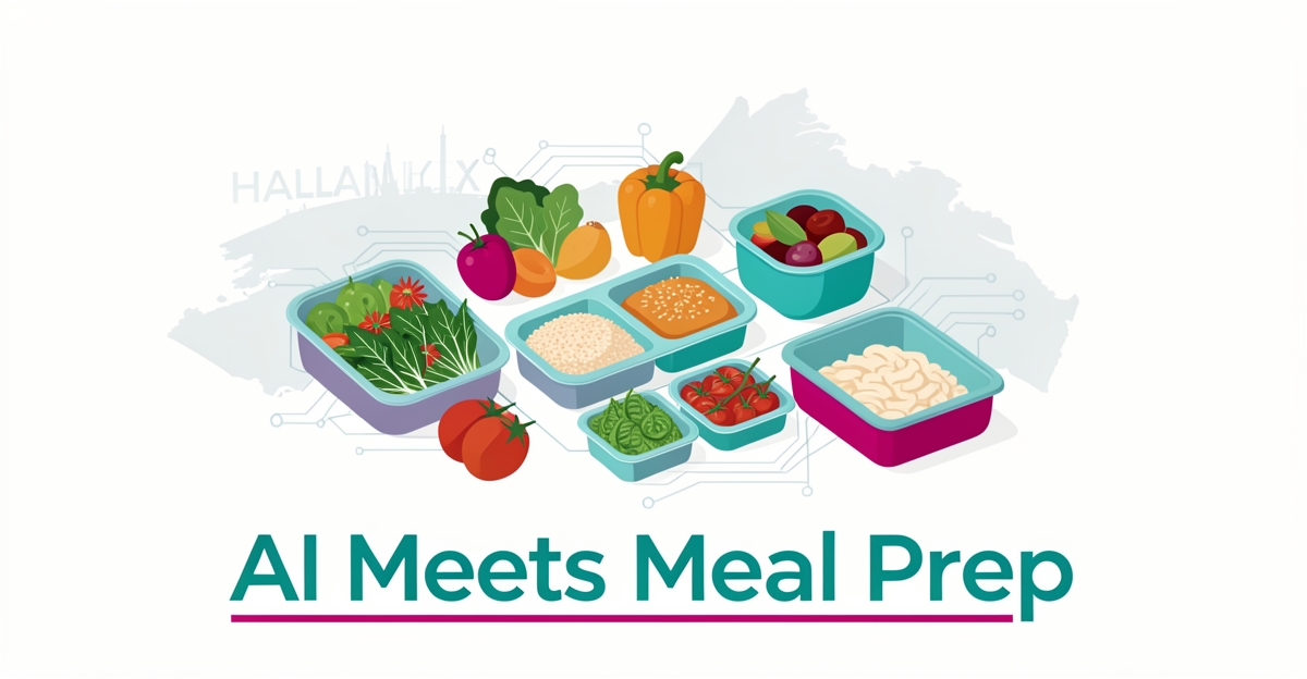 Flat illustration of meal prep containers and fresh ingredients linked by AI circuit lines with a Halifax map backdrop and teal and magenta accents.