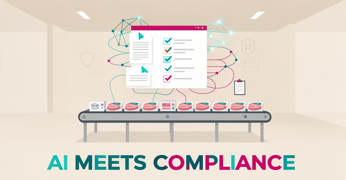 Flat illustration of an AI-powered digital checklist overseeing a meat processing line, symbolizing automated compliance and food safety reporting.