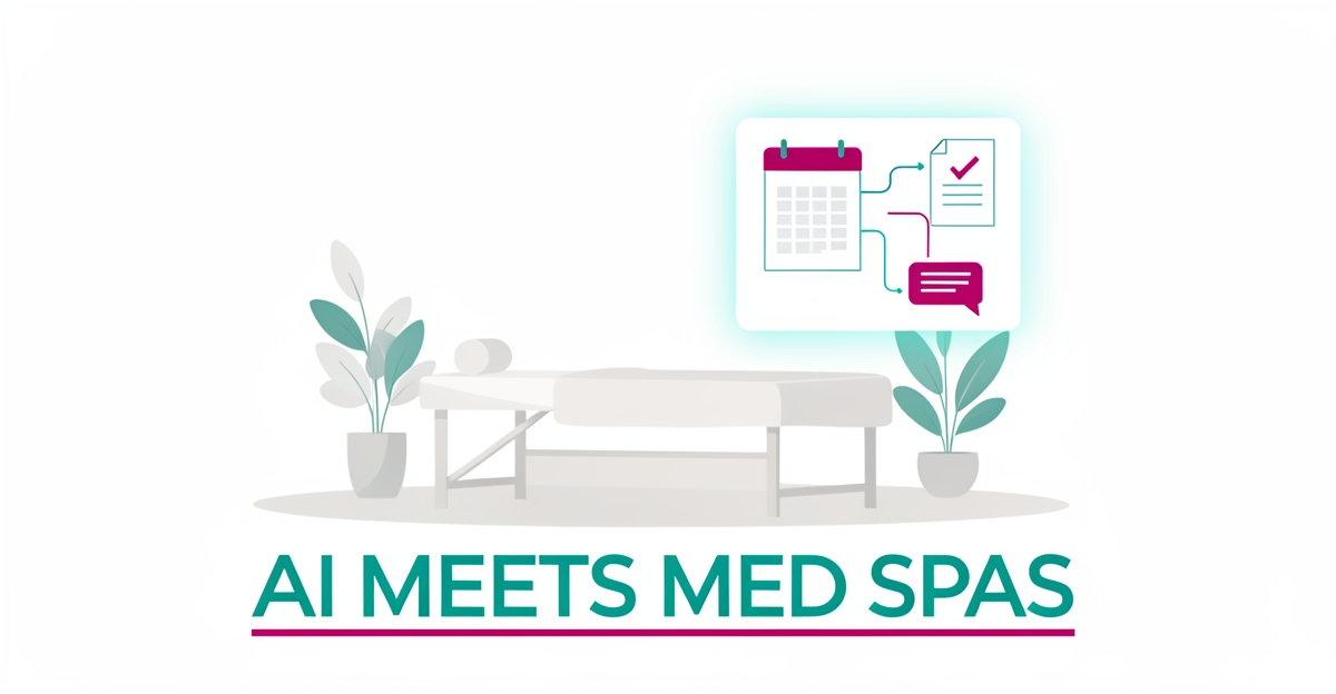 Flat illustration of a med spa room connected to an AI interface showing booking, compliance, and chat elements in teal and magenta.