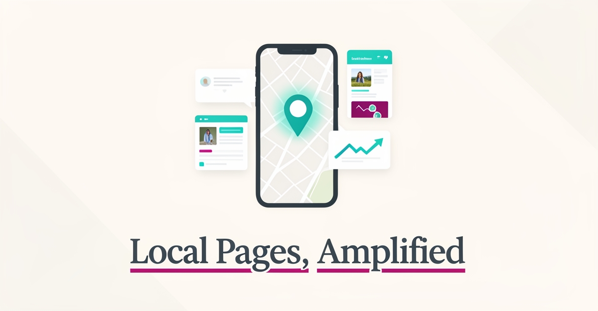 Flat illustration of a smartphone with a map pin, webpage and chat UI cards in teal and magenta, symbolizing AI-generated local pages for med spas.