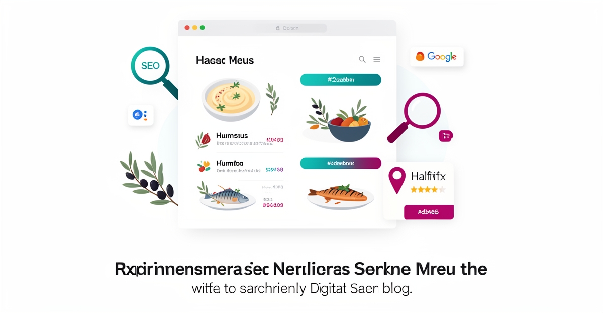 Flat illustration of a Mediterranean menu turning into SEO optimized digital content with Halifax location accents.