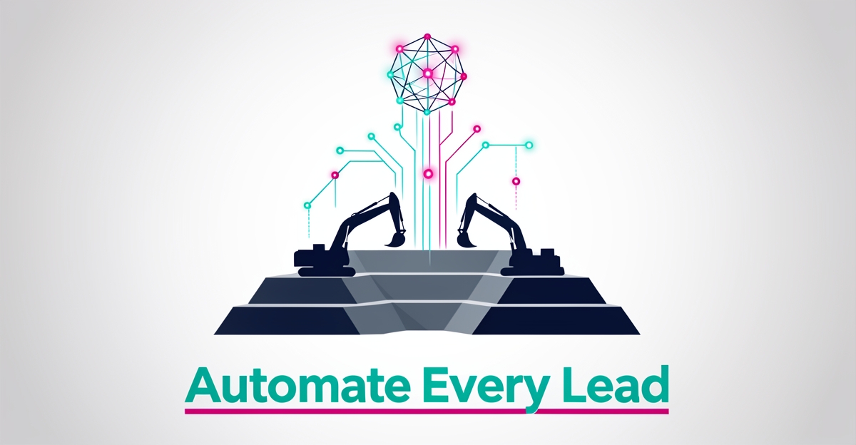 Flat illustration of a mining site connected to an AI network hub, symbolizing automated lead follow-ups for equipment suppliers.