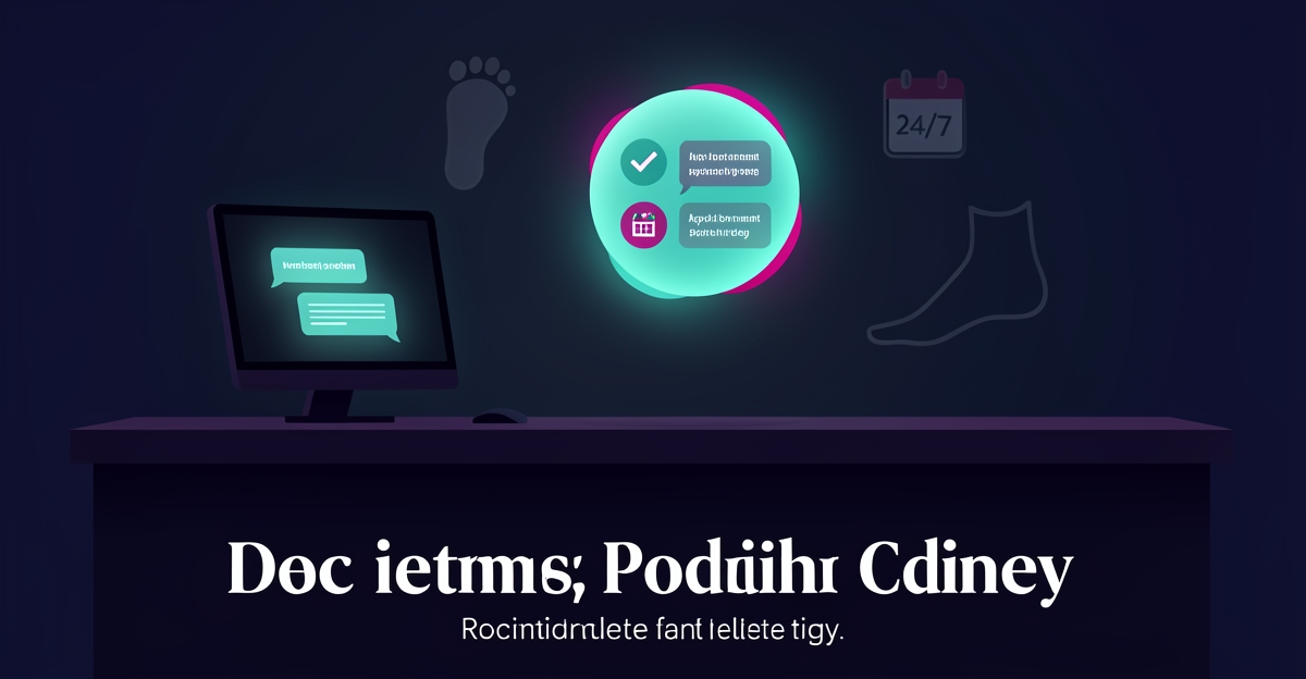 Flat illustration of an AI chatbot answering unanswered patient chat messages at a podiatry clinic desk at night, in teal and magenta brand colors.