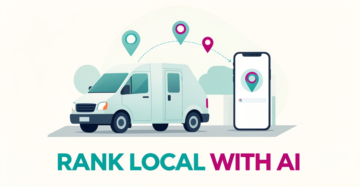 Flat illustration of a mobile dental van with location pins and a smartphone search interface in teal and magenta brand colors.