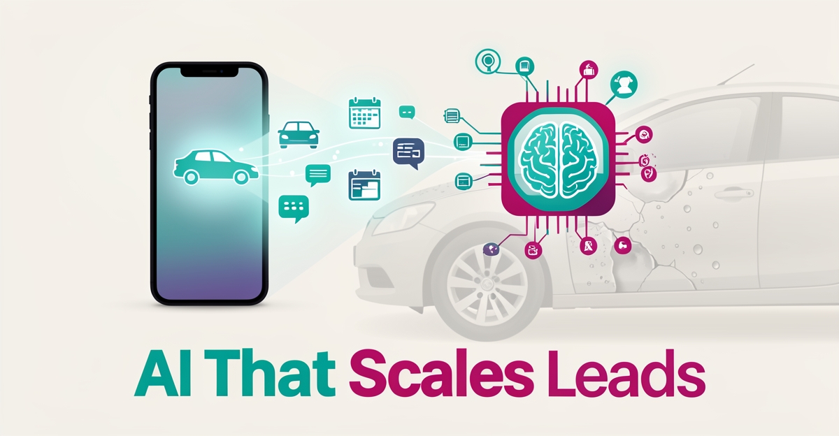 Flat illustration of a smartphone funneling car lead icons into an AI hub, with hail-dented car panel and teal and magenta accents.