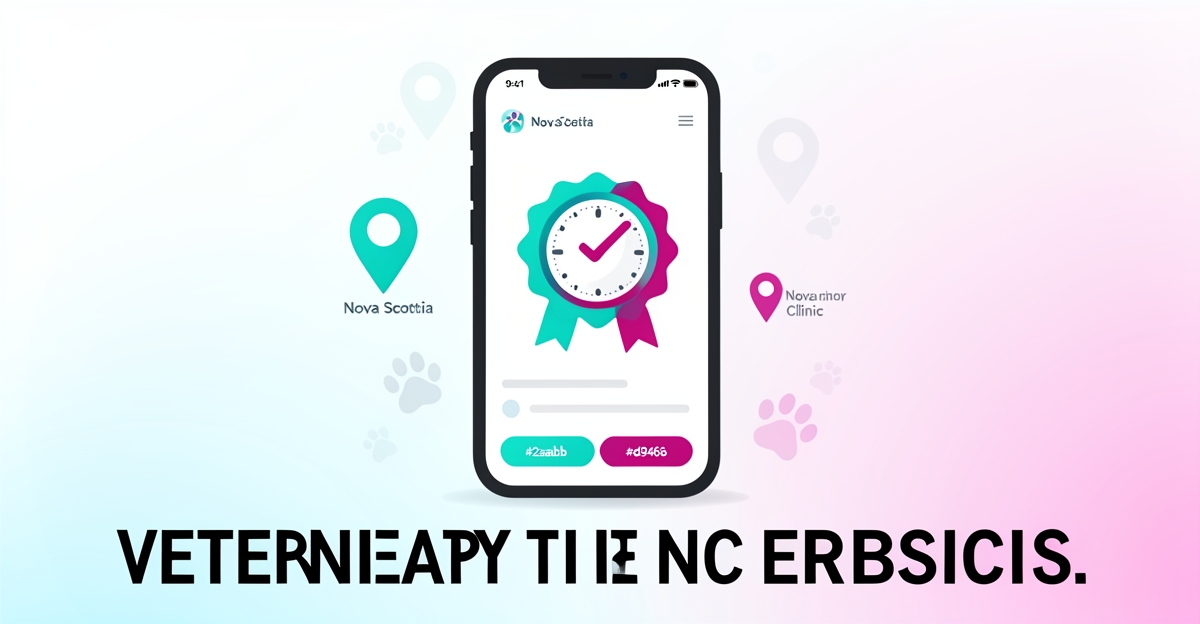 A minimalist flat illustration of a smartphone showing a vet clinic follow-up notification, with Nova Scotia map pins and paw prints, using brand colors blue and magenta as accents