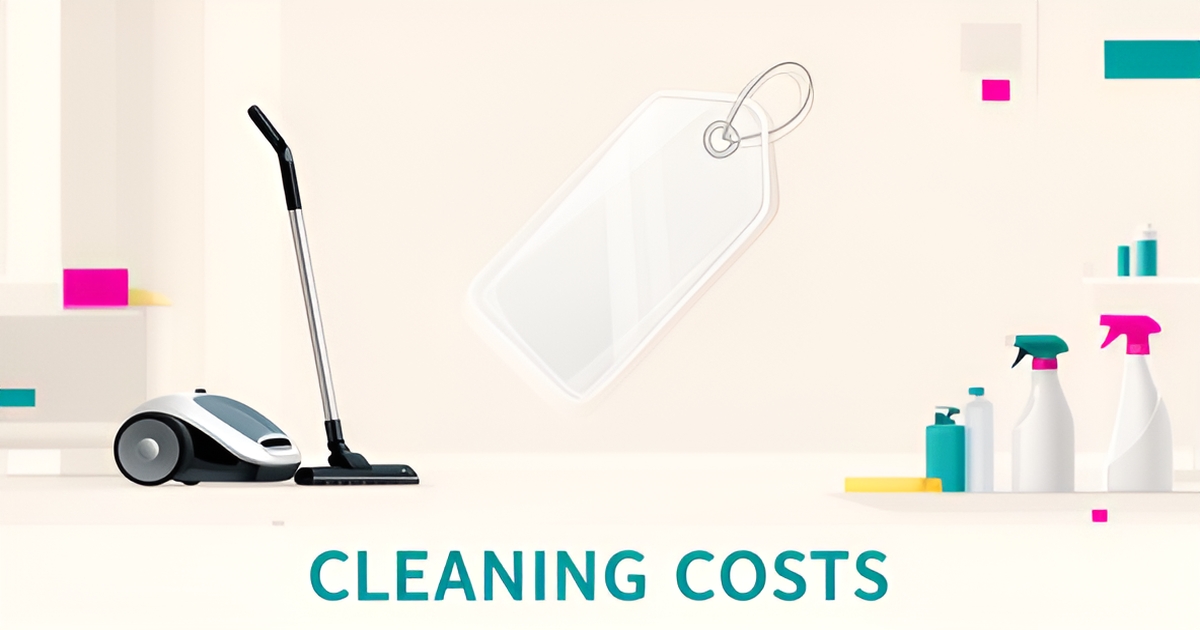 Flat illustration of cleaning supplies in a tidy living room with a headline reading Cleaning Costs in teal and magenta accents.