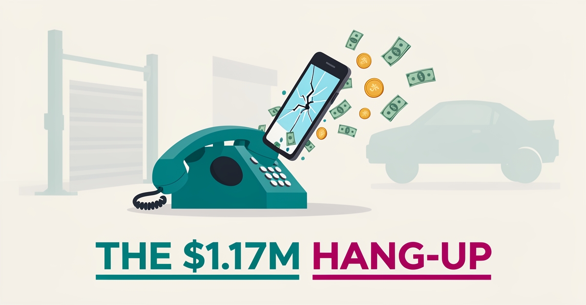 Flat illustration of a ringing phone with money drifting away, symbolizing missed call revenue loss for collision repair shops.