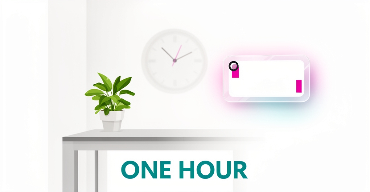 Flat illustration of a clean modern interior with a clock and transparent price tag, accented in teal and magenta, with headline ONE HOUR.