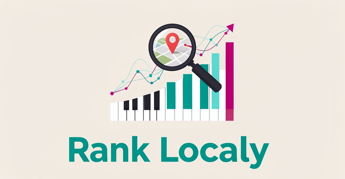 Flat illustration of a piano keyboard merging into a rising ranking chart with a map pin and magnifying glass, accented in teal and magenta.