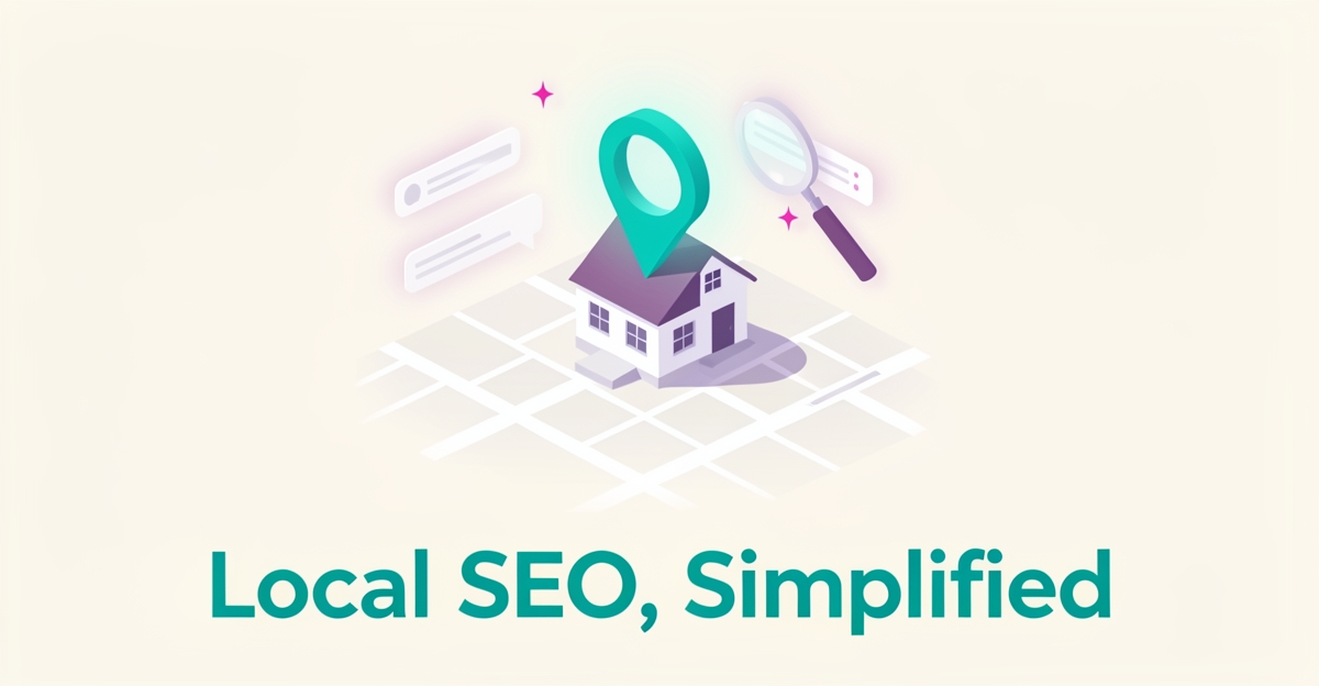 Flat illustration of a house with a glowing map pin and search icons in teal and magenta, symbolizing AI-driven local SEO for nanny agencies.