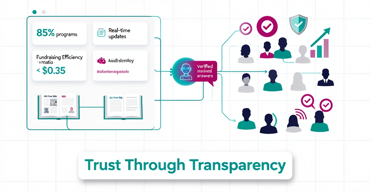 Flat illustration showing nonprofit financial dashboard flowing into audited reports, AI assistant, and donor trust symbols in teal and magenta accents.
