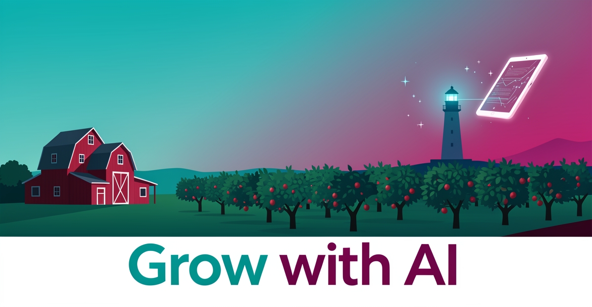 Flat illustration of a Nova Scotia farm with barn, orchard and lighthouse, accented with teal and magenta AI-themed digital elements and the headline Grow with AI.