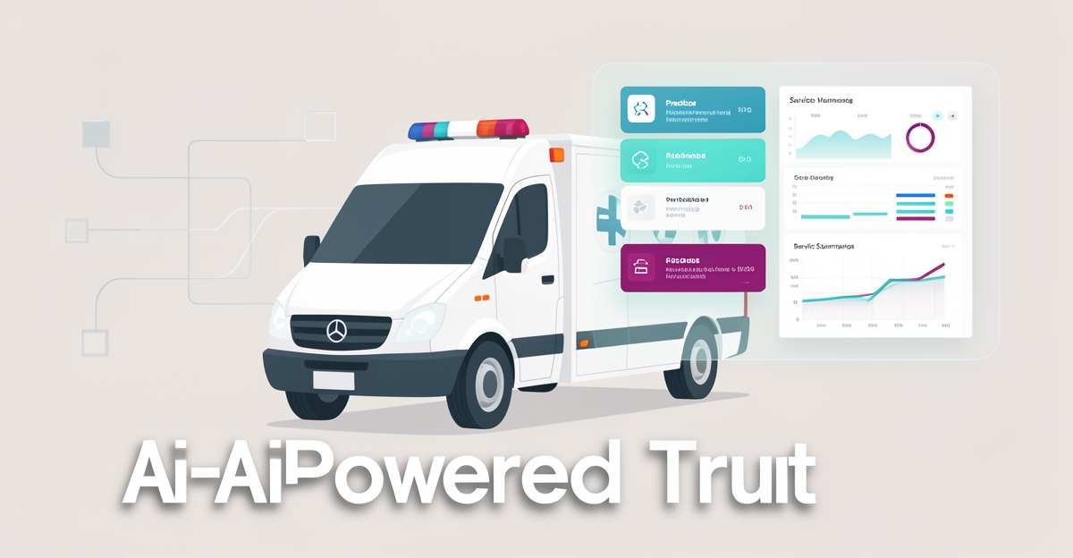 A modern flat illustration of an ambulance with AI-driven maintenance dashboards and alerts, featuring brand-colored accents and the headline 'AI-Powered Trust' in the lower third.