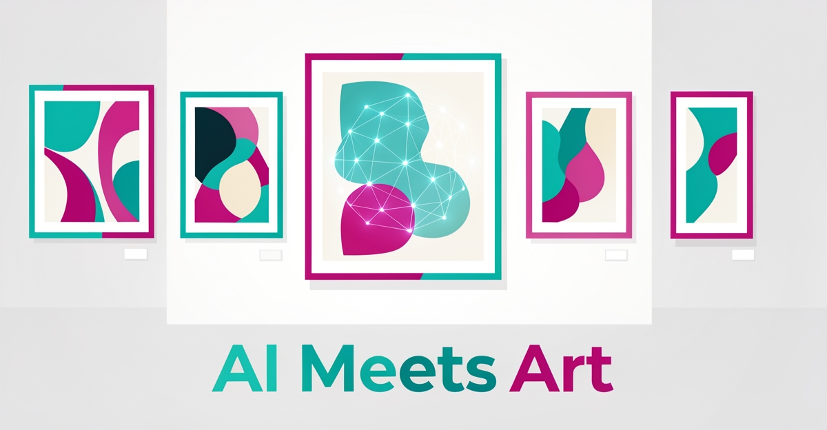 Flat illustration of a minimalist art gallery where a glowing AI neural motif blends into a painting, accented in teal and magenta.