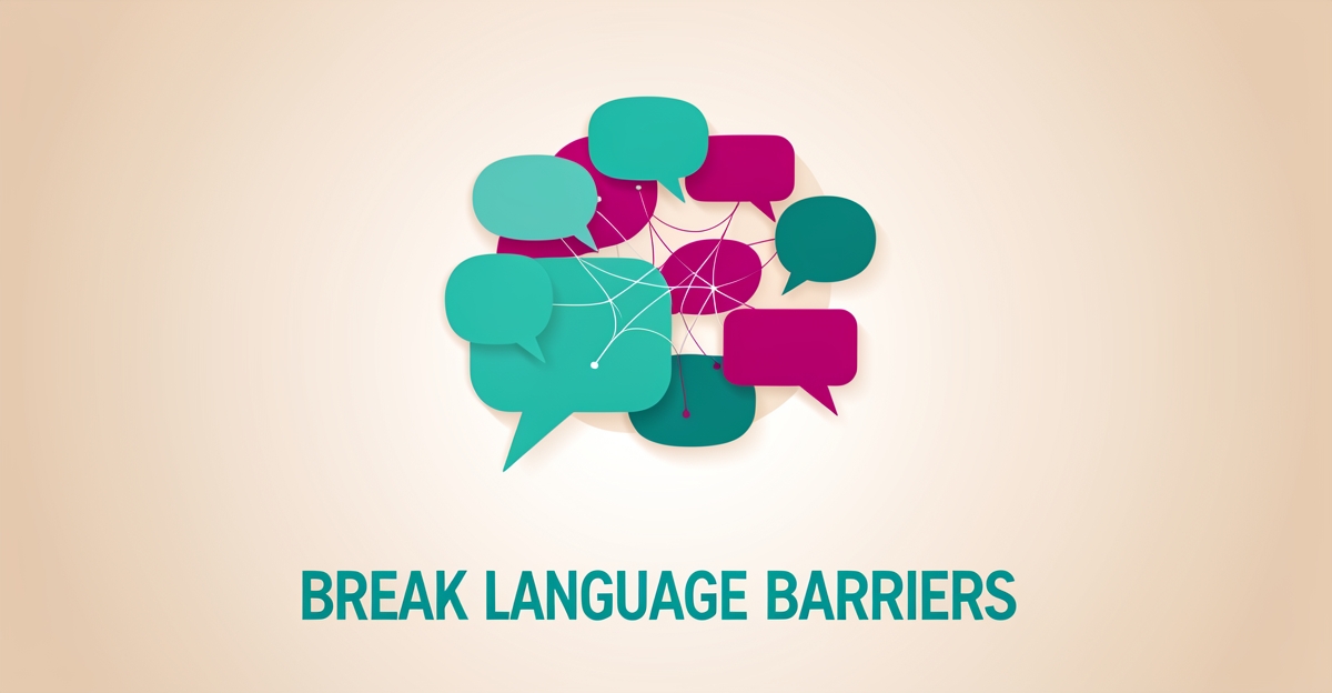 Flat illustration of multilingual speech bubbles merging into one, representing AI-powered language translation for behavioral health clinics in teal and magenta accents.